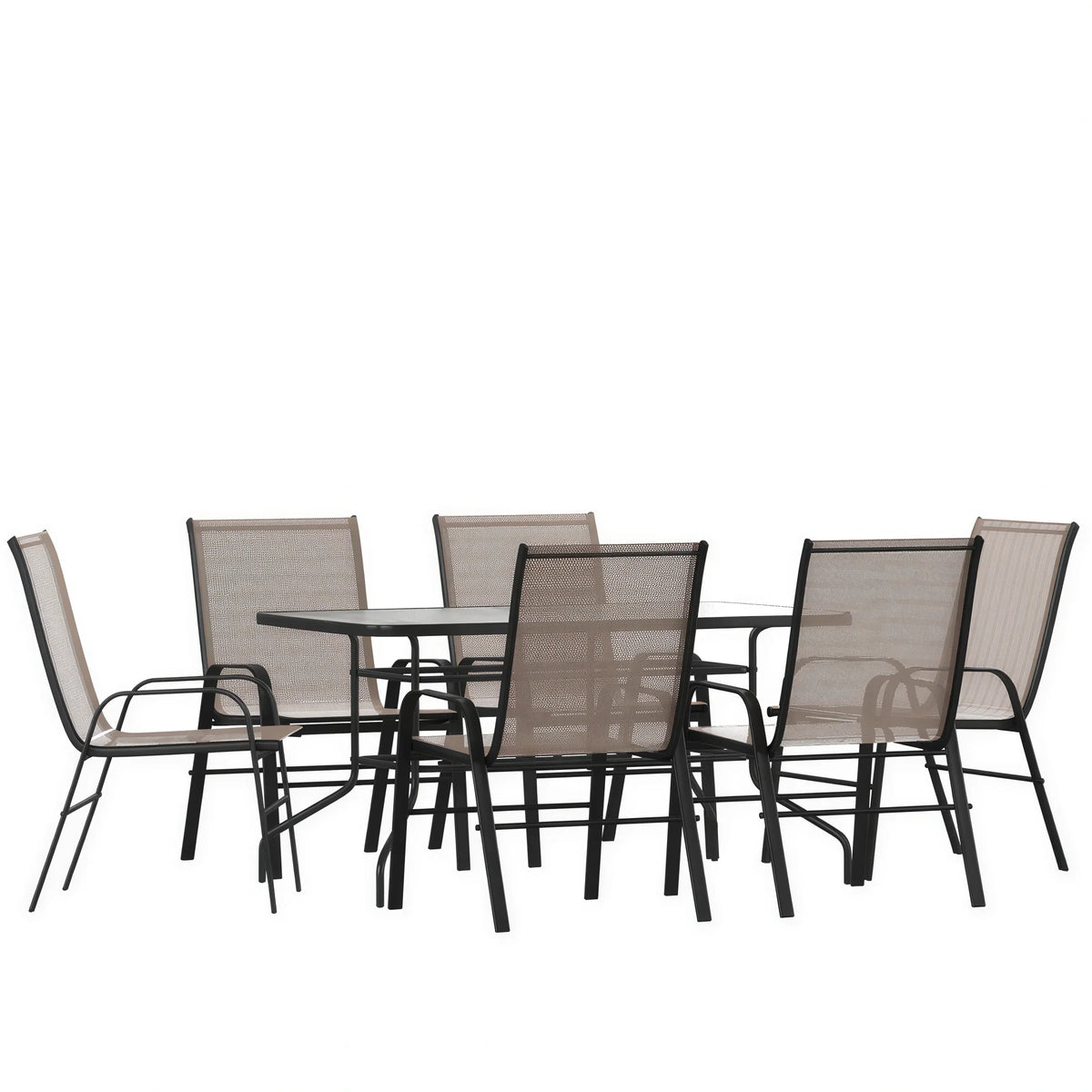 Flash Furniture TLH-089REC-303CBN6-GG 7-Piece Outdoor Patio Dining Set with 55-Inch Tempered Glass Table and 6 Brown Stack Chairs