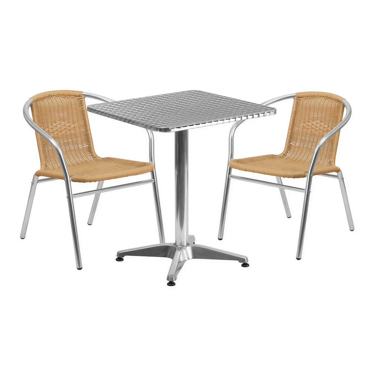 Flash Furniture TLH-ALUM-24SQ-020BGECHR2-GG Square Stainless Steel-Top Table Set with 2 Beige Rattan Stacking Armchairs