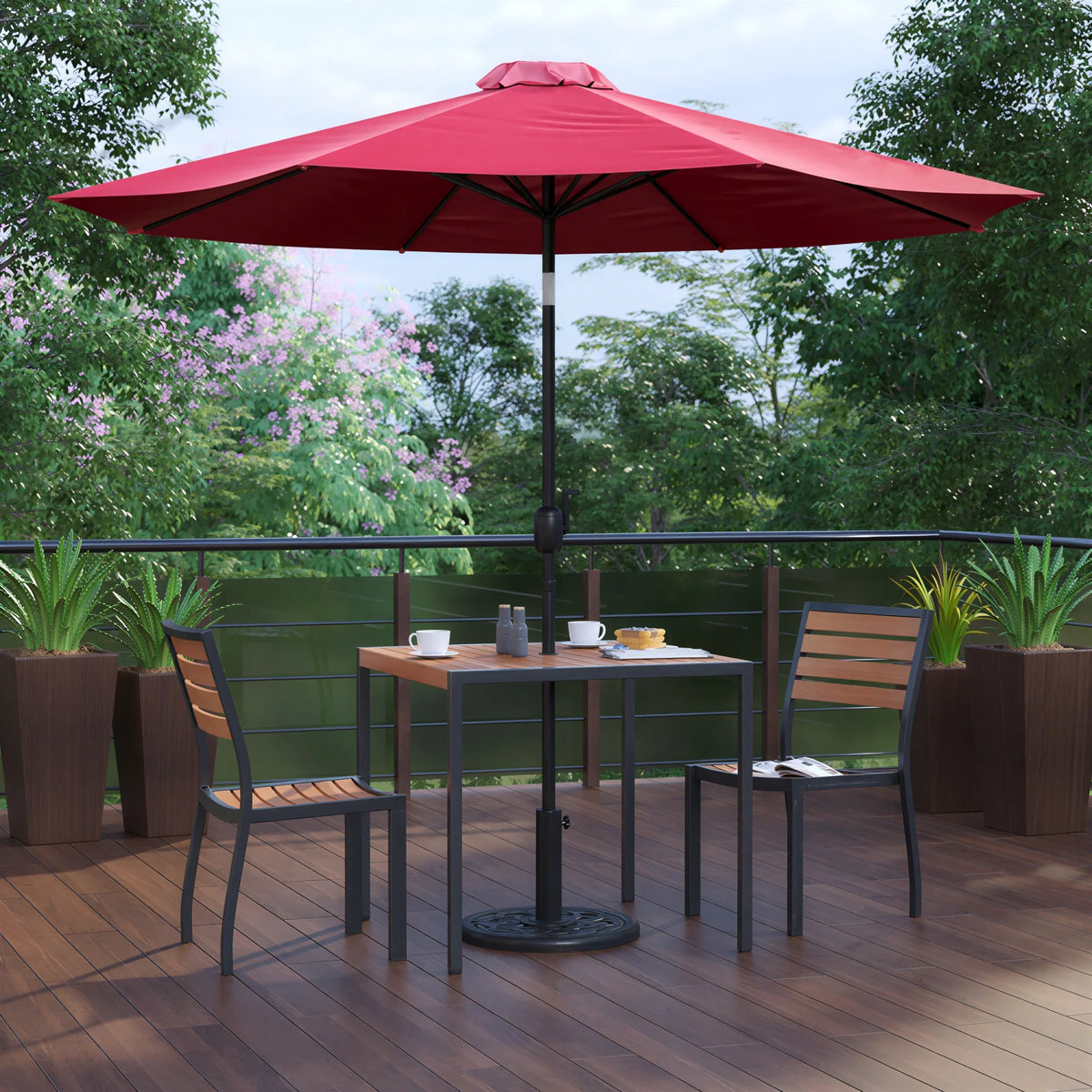 Flash Furniture XU-DG-810060362-UB19BRD-GG 35" Square Patio Dining Table Set with Synthetic Teak Top, Red Umbrella, Base and 2 Chairs
