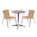 Flash Furniture TLH-ALUM-24RD-020BGECHR2-GG Round Stainless Steel-Top Table Set with 2 Beige Rattan Arm Chairs, 27-1/2"H