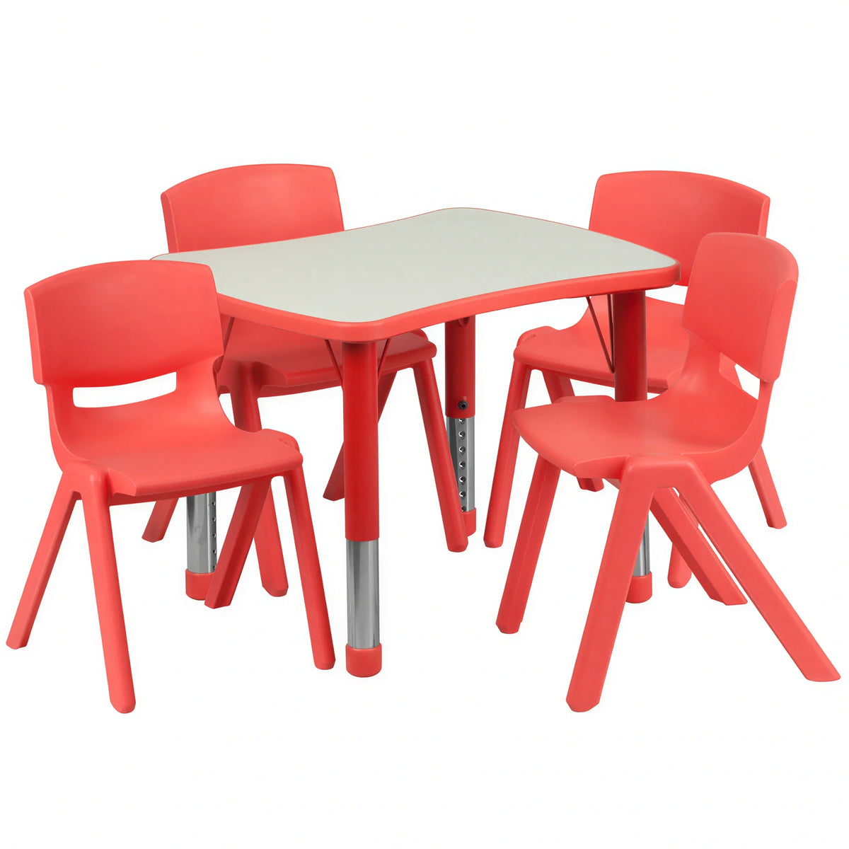 Flash Furniture YU-YCY-098-0034-RECT-TBL-RED-GG Preschool Activity Table Set with 4 Stacking Chairs, Adjustable Rectangular Table, Gray/Red
