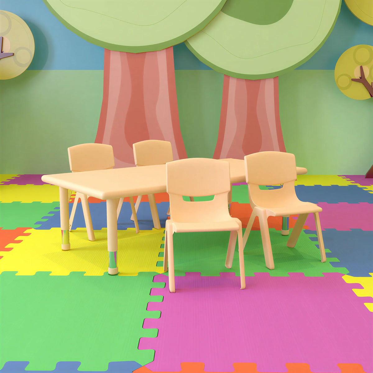 Flash Furniture Emmy YU-YCX-0013-2-RECT-TBL-NAT-R-GG Preschool Activity Table Set, Rectangular, Adjustable Height, with 4 Stacking Chairs