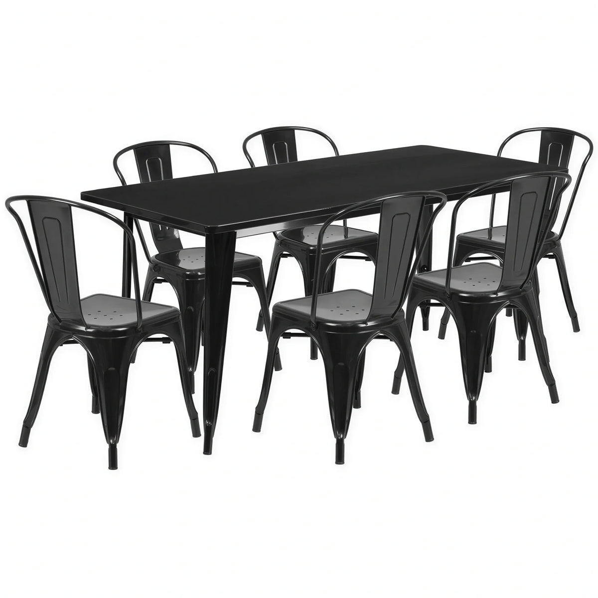 Flash Furniture ET-CT005-6-30-BK-GG Black Table and Chair Set with 63-Inch Rectangular Table and Six Slat-Back Chairs
