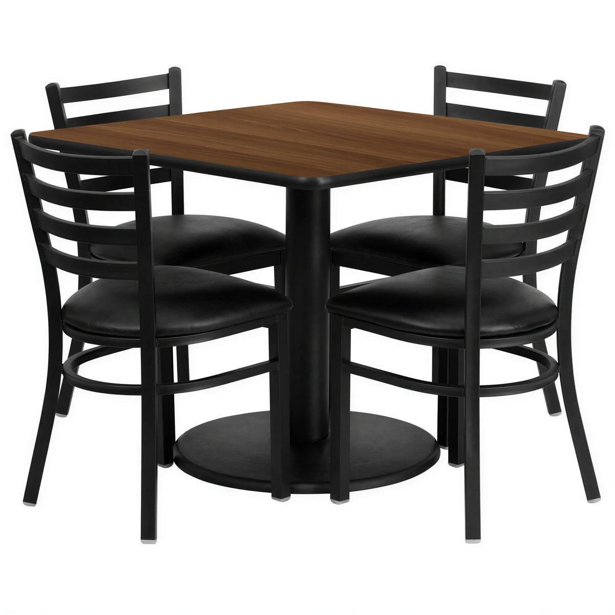 Flash Furniture RSRB1016-GG Square Table and Chair Set, 36-inch Walnut Laminate Table with 4 Black Ladder-Back Chairs
