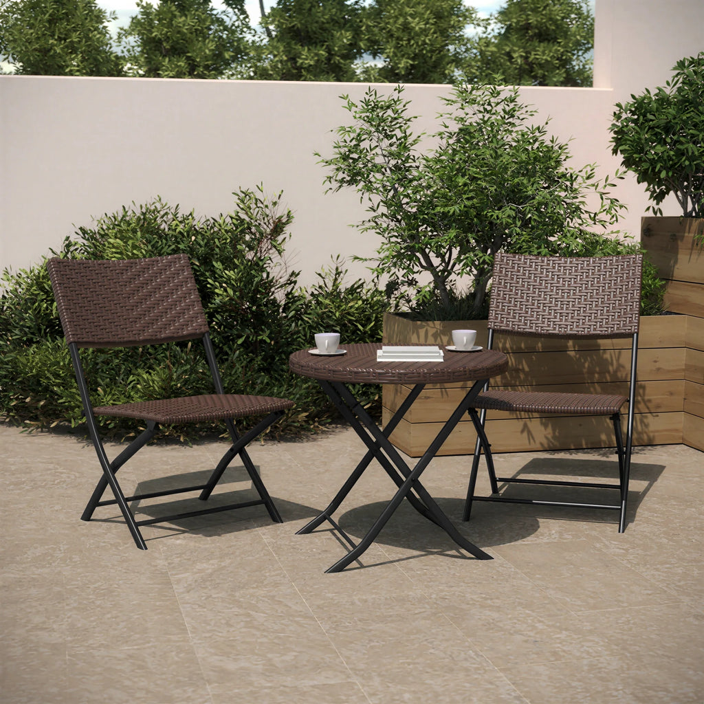 Flash Furniture Rouen FV-FWA085-BRN-BLK-GG Three-Piece Folding Round Table Set with 2 Chairs, Brown PE Rattan, Black Steel Frames