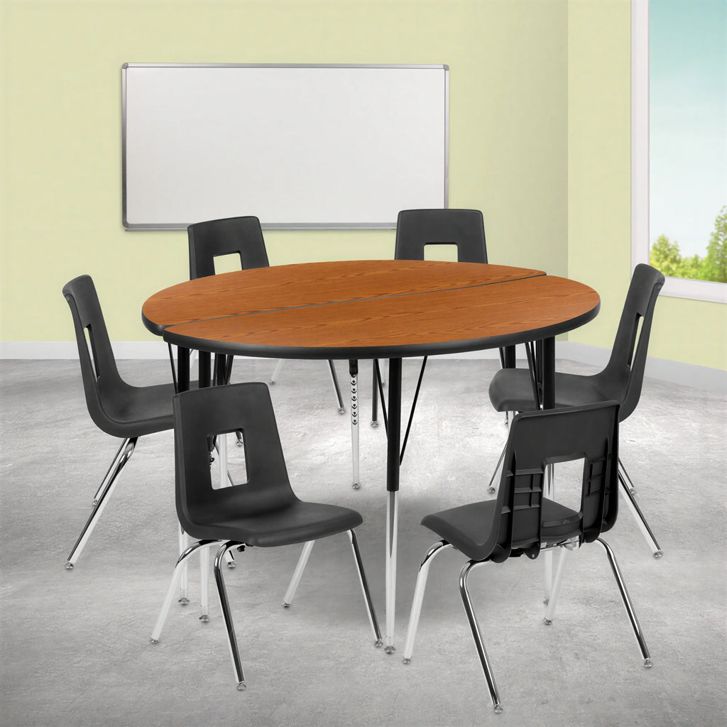 Flash Furniture Emmy XU-GRP-18CH-A48-HCIRC-OAK-T-A-GG 48" Round Adjustable-Height Activity Table with 6 Stack Chairs, Oak/Black