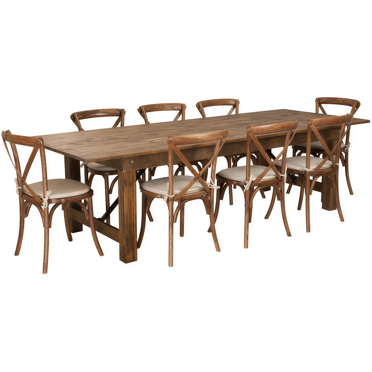 Flash Furniture Hercules XA-FARM-14-GG Rectangular Folding Farm Table Set with 108 x 40 in Plank-Top Table and 8 Pecan Cross-Back Chairs