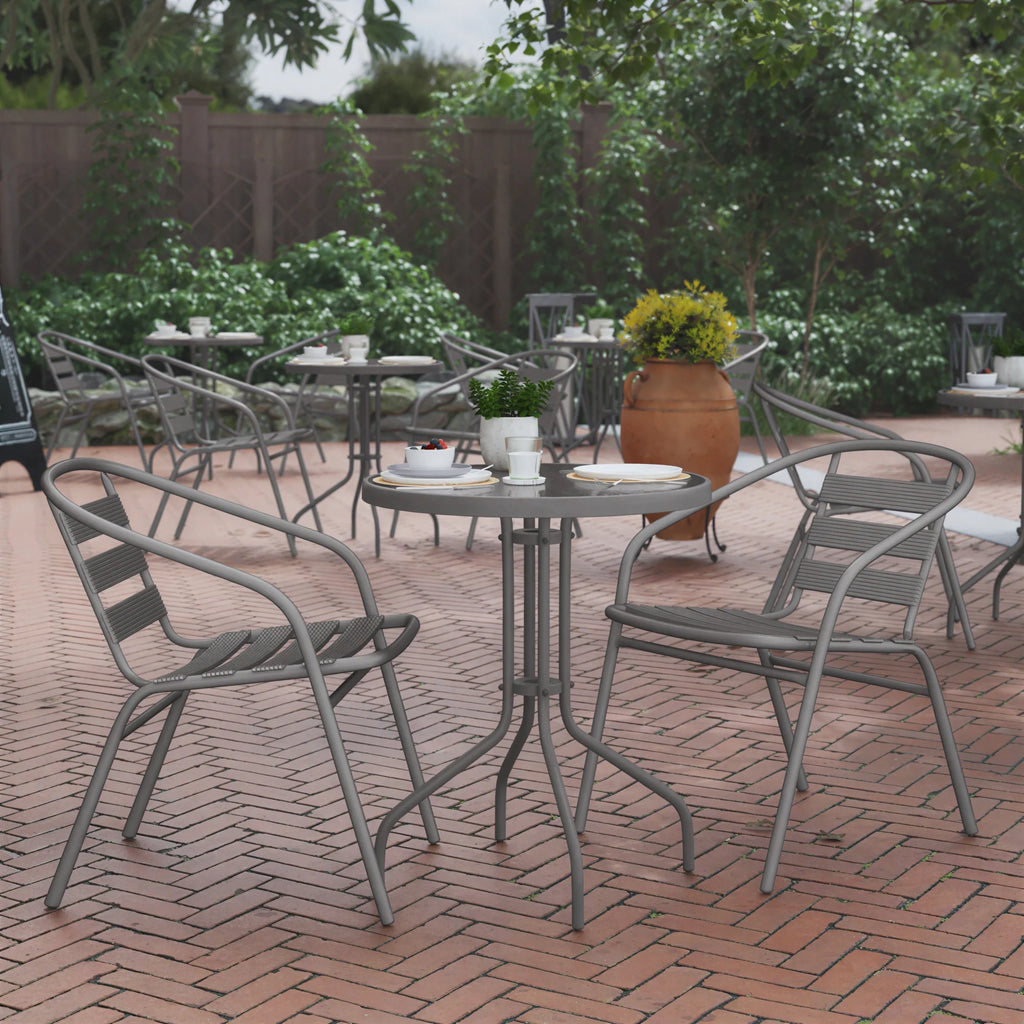 Flash Furniture TLH-071RD-017CSV2-GG Round Glass-Top Metal Table Set with Two Silver Aluminum Slat Stack Chairs