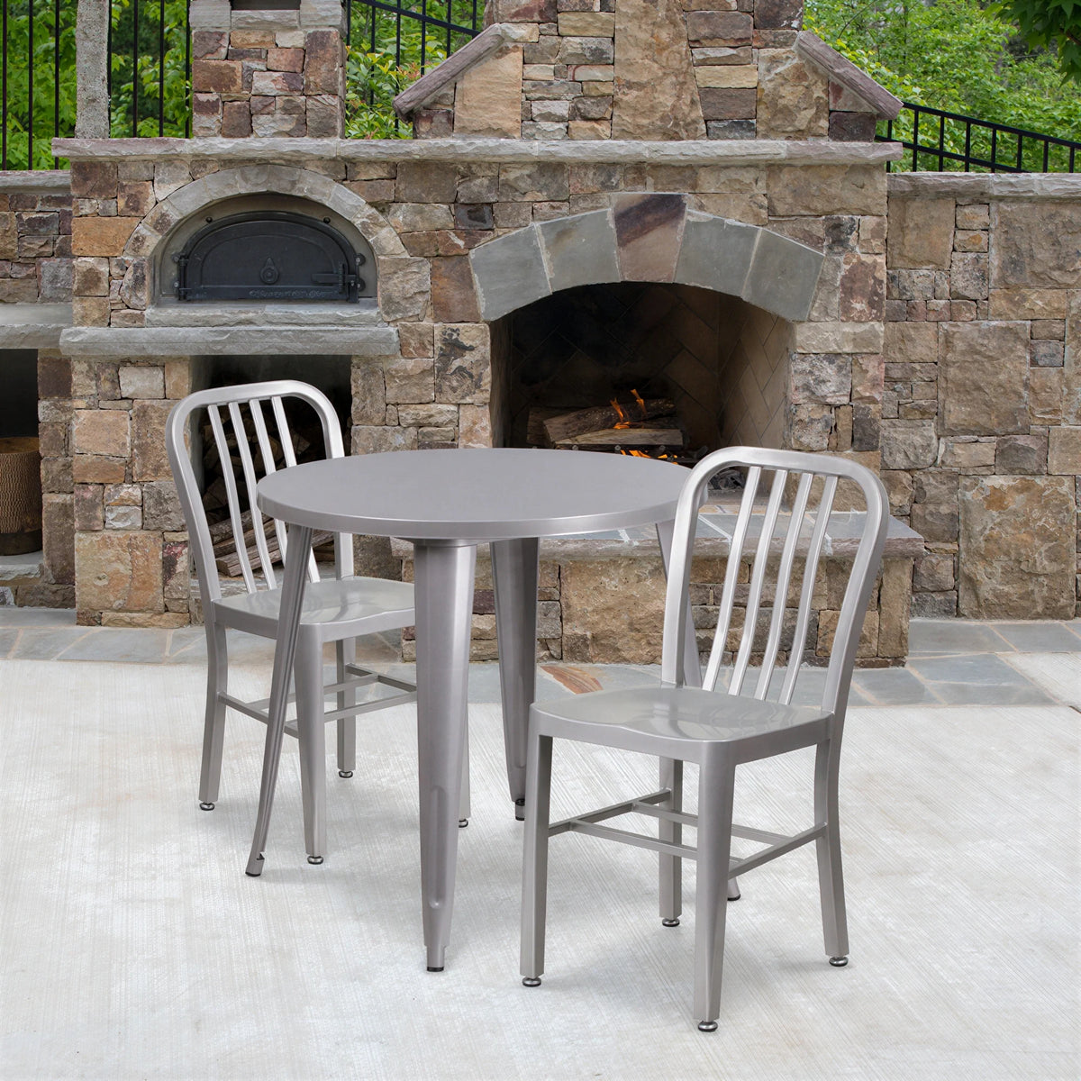 Flash Furniture CH-51090TH-2-18VRT-SIL-GG Round Table and 2-Chair Set, 30" Dia. x 29-1/2"H, Silver, Vertical Slat Chairs
