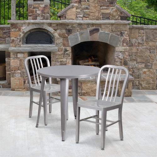 Flash Furniture CH-51090TH-2-18VRT-SIL-GG Round Table and 2-Chair Set, 30" Dia. x 29-1/2"H, Silver, Vertical Slat Chairs