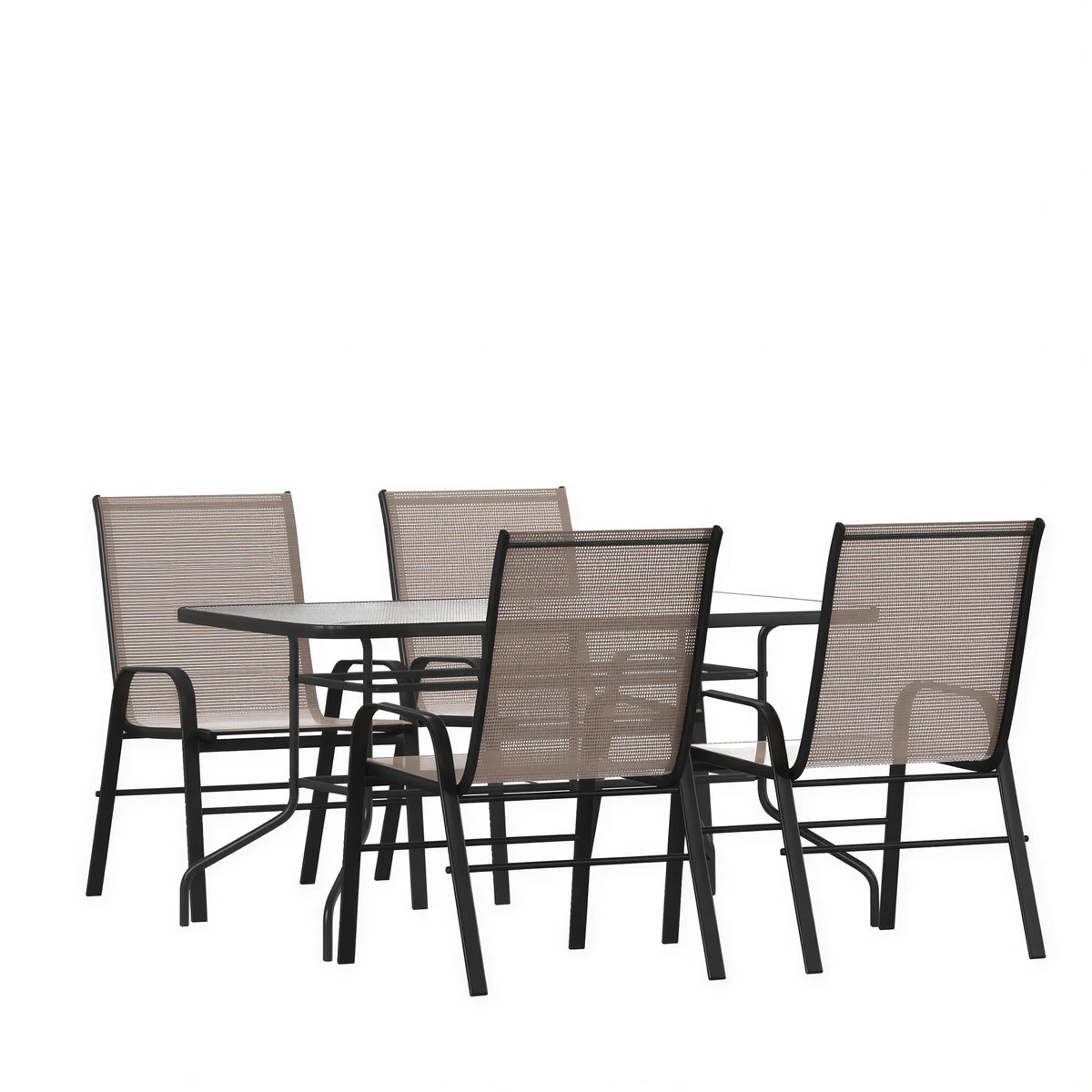 Flash Furniture TLH-089REC-303CBN4-GG 5-Piece Outdoor Patio Dining Set with 55-Inch Tempered Glass Table, Umbrella Hole and 4 Brown Stack Chairs