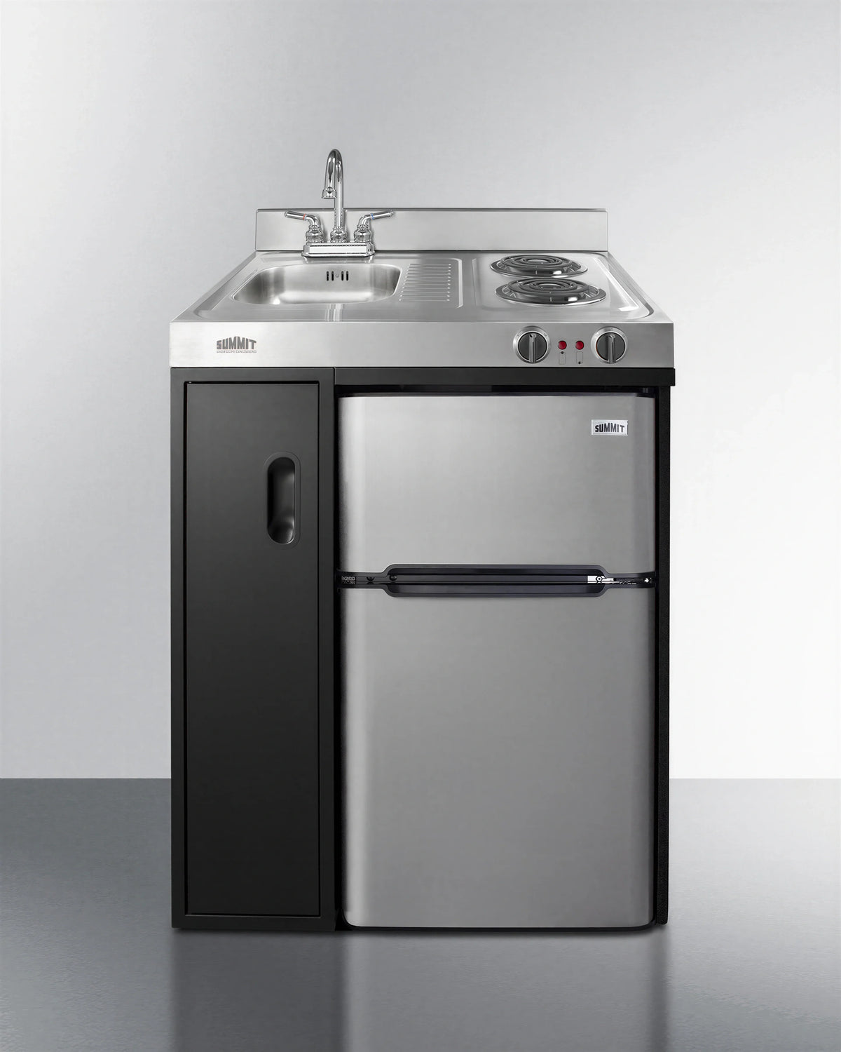 Summit Commercial C30ELBK 30-Inch Freestanding All-in-One Kitchenette with 2-Burner Coil Cooktop, Sink, Storage, and 3.2 Cu. Ft. Refrigerator-Freezer