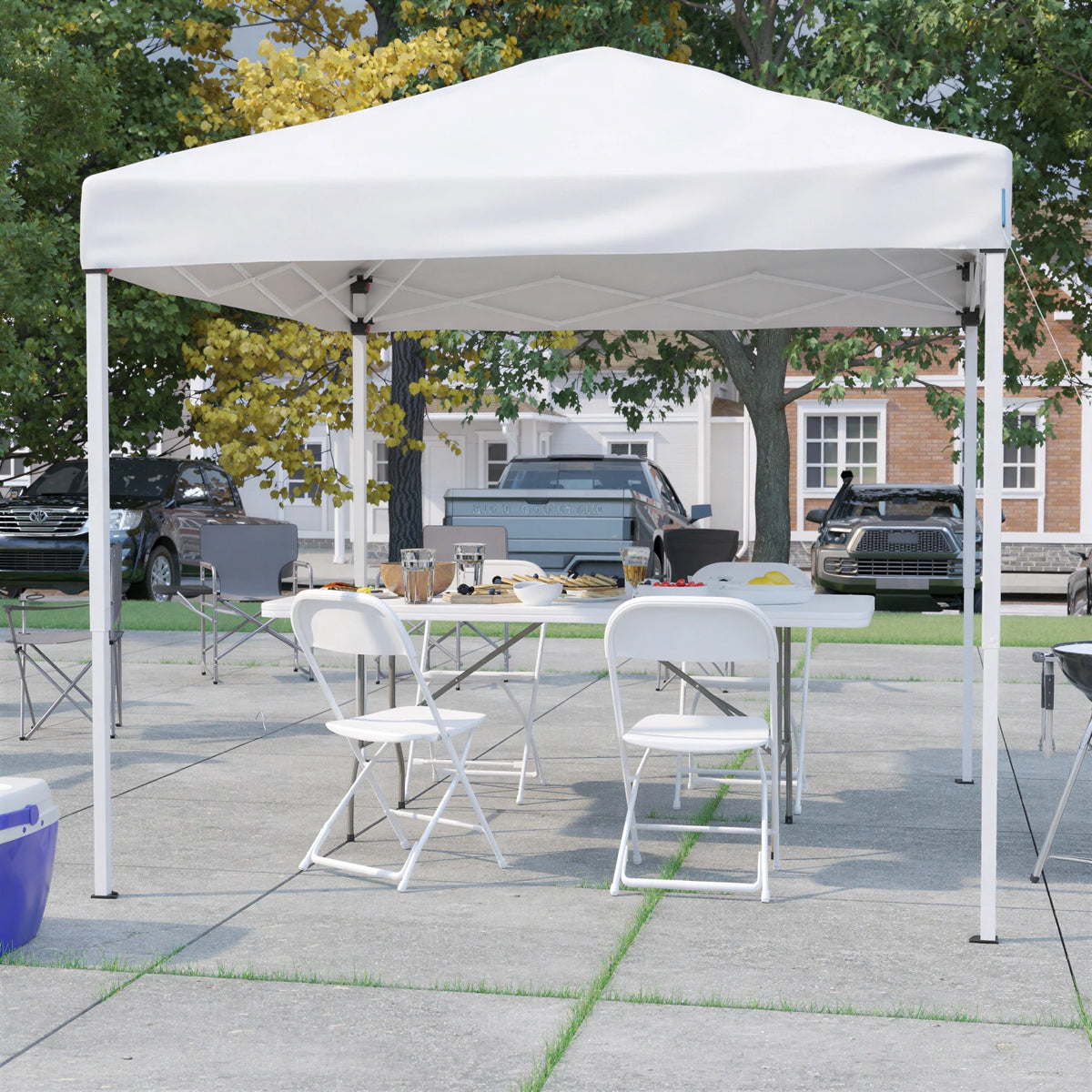 Flash Furniture JJ-GZ88183Z-4LEL3-WHWH-GG 8' x 8' Pop-Up Canopy Tent Set with 6' Bi-Fold Table and 4 Folding Chairs
