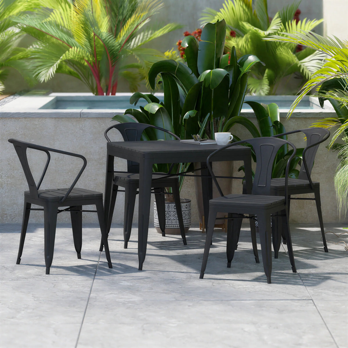 Flash Furniture SB-T11C4-T-BK-GG 5-Piece Indoor-Outdoor Table and Chair Set, 31.5-Inch Square Poly Resin Table, 4 Black Metal Chairs