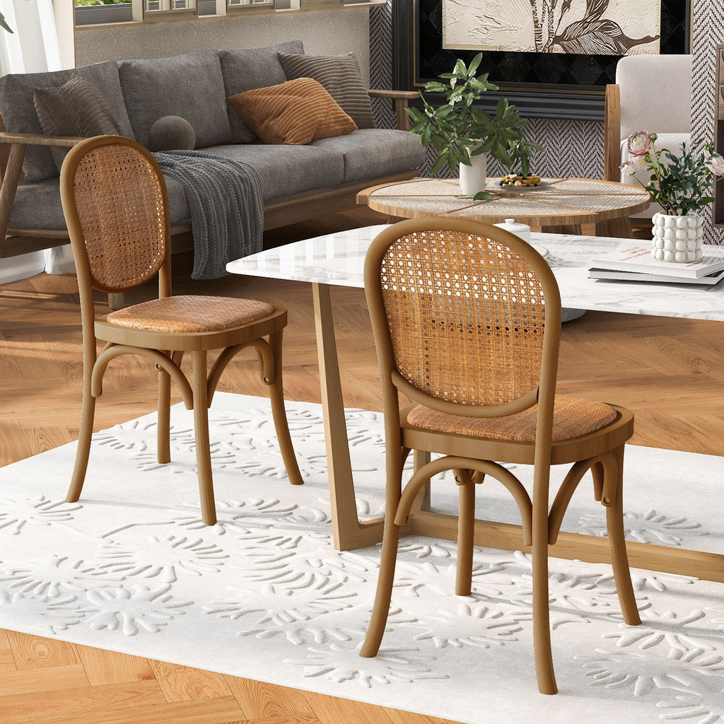 Vintage Style Dining Chairs Set of 2 with Birch Wood Frame and Rattan – Light Brown or Beige