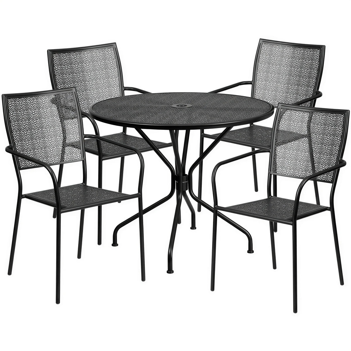Flash Furniture CO-35RD-02CHR4-BK-GG Round Patio Table Set, 35-1/4" Table with 4 Stacking Arm Chairs, Black Steel