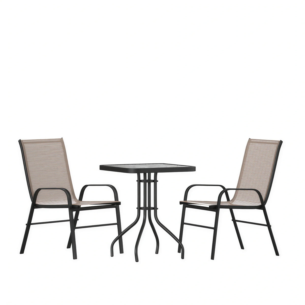Flash Furniture TLH-073A1303C-BN-GG 3-Piece Outdoor Patio Dining Set with 23.5-Inch Square Tempered Glass Table and 2 Brown Stack Chairs