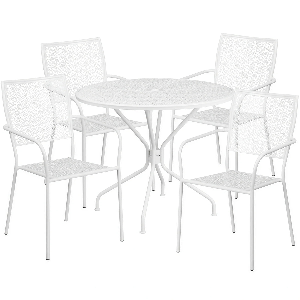 Flash Furniture CO-35RD-02CHR4-WH-GG Patio Table Set with Round Table and 4 Stacking Arm Chairs, White Powder-Coated Steel