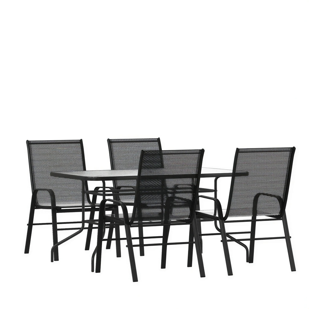 Flash Furniture TLH-089REC-303CBK4-GG 5-Piece Outdoor Patio Dining Set with 55-Inch Tempered Glass Table and 4 Black Flex Chairs