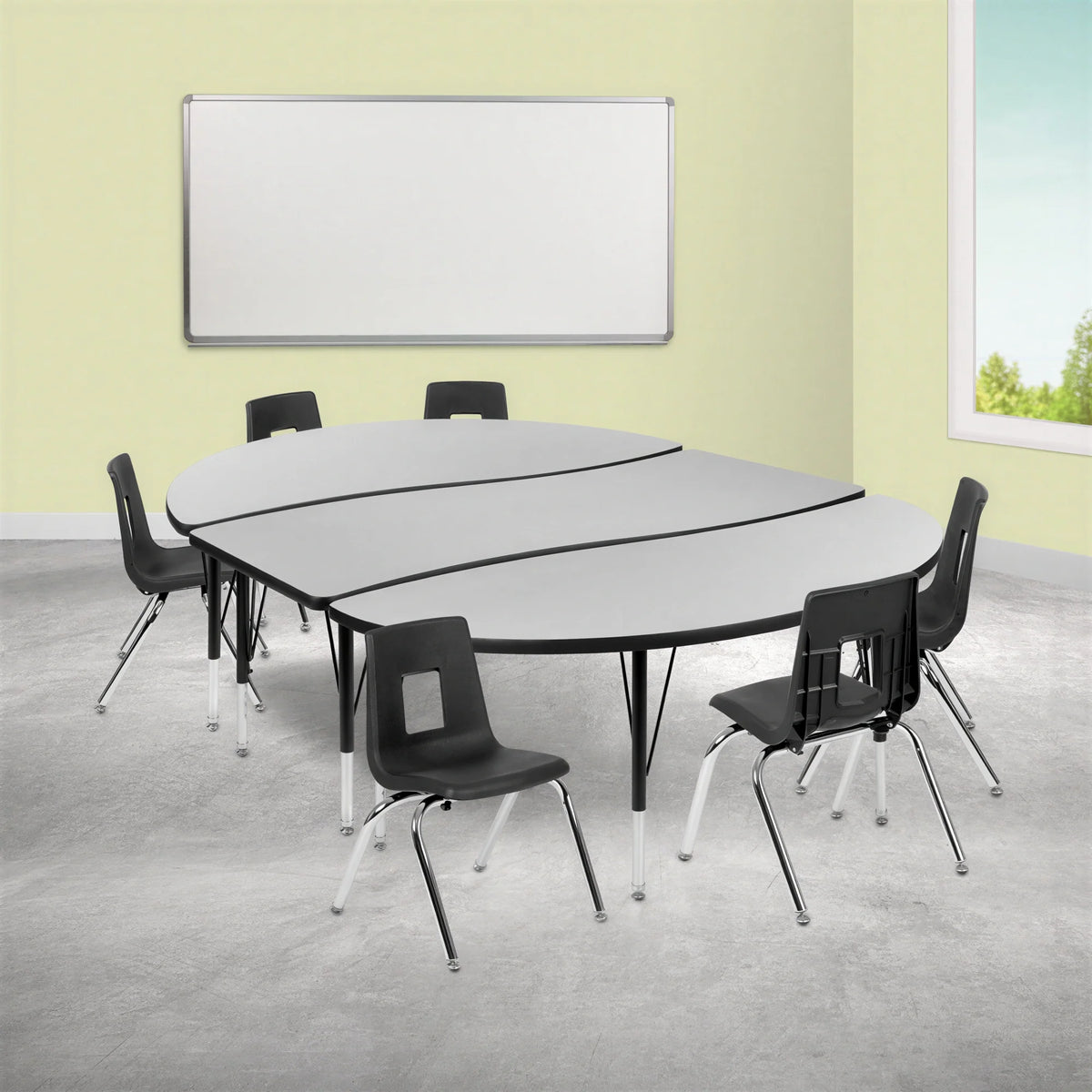 Flash Furniture Emmy XU-GRP-14CH-A3060CON-60-GY-T-P-GG Oval Adjustable-Height Activity Table with 6 Stack Chairs, Gray/Black