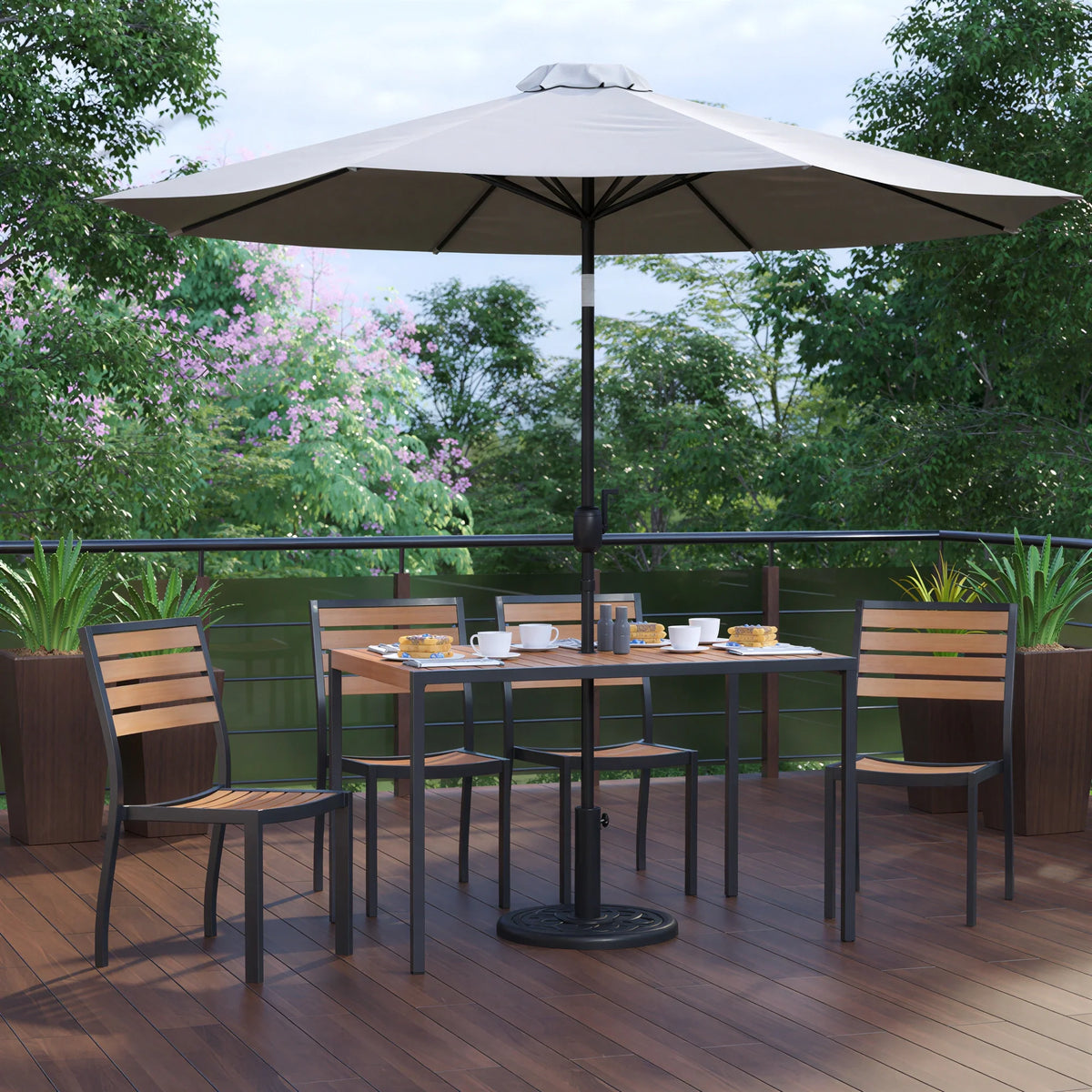 Flash Furniture XU-DG-304860364-UB19BGY-GG Patio Dining Table Set, 48 x 30 in Rectangular Faux Teak Table, Gray Umbrella, 4 Stacking Chairs