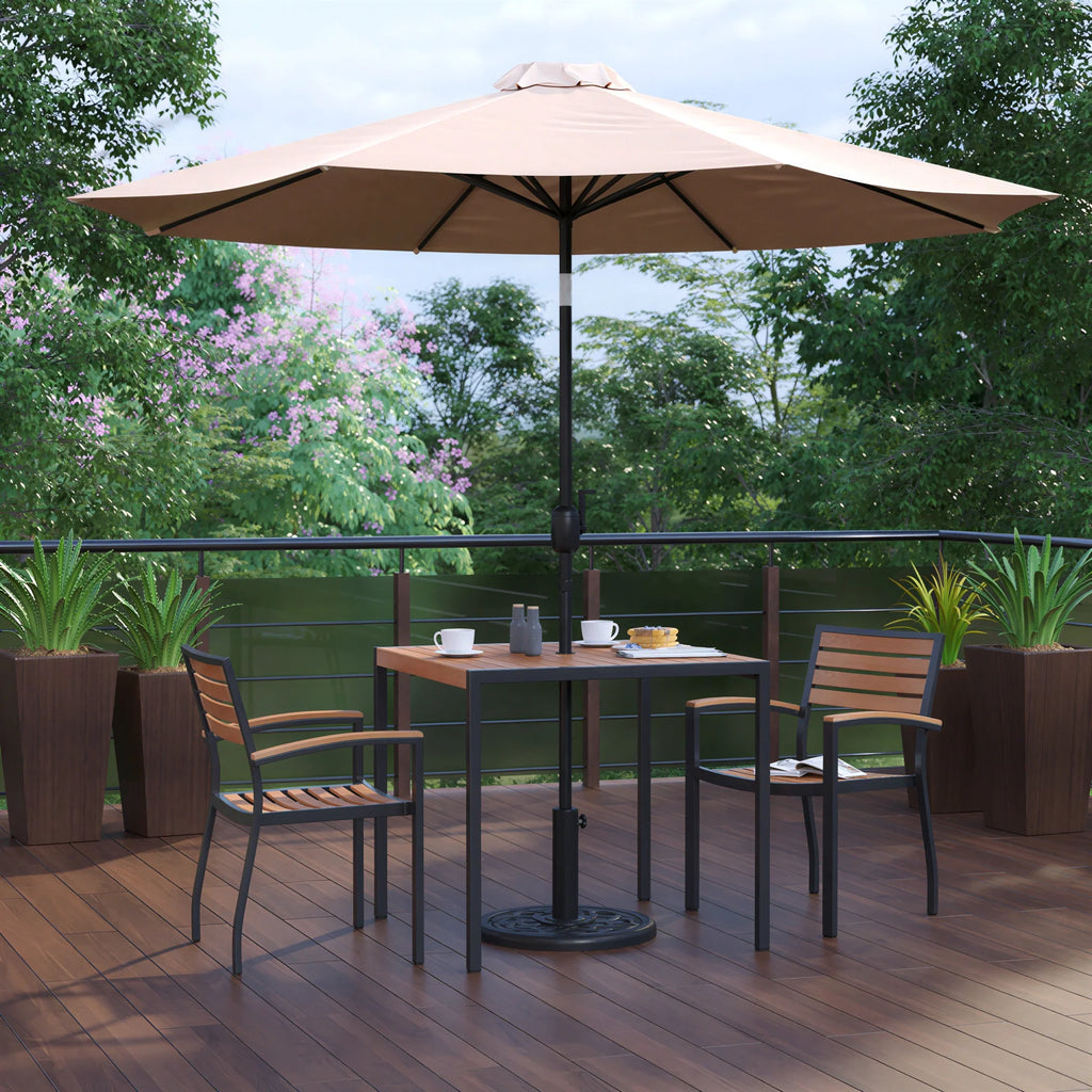 Flash Furniture XU-DG-810060062-UB19BTN-GG 35-Inch Square Patio Dining Table Set with Umbrella, Base, and 2 Stacking Chairs