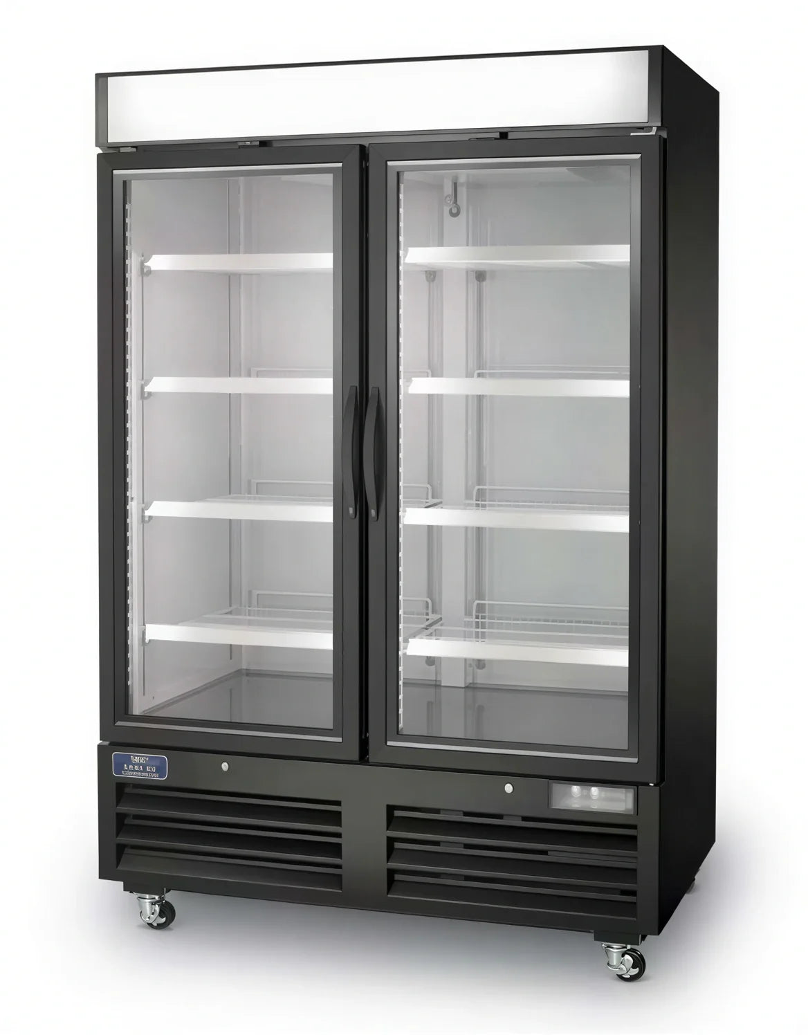 Arctic Air AFGDM49 54-Inch Two-Section Glass Door Merchandiser Freezer, 49 Cu. Ft., Black, Bottom-Mounted Self-Contained Refrigeration