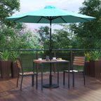 Flash Furniture XU-DG-810060362-UB19BTL-GG Patio Dining Table Set, 35" Square Synthetic Teak Table with Teal Umbrella, Base & 2 Chairs