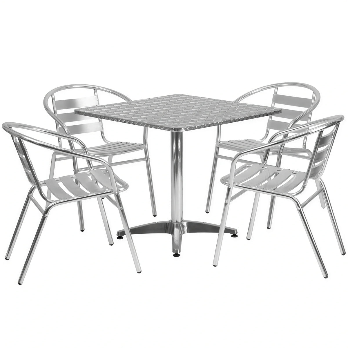 Flash Furniture TLH-ALUM-32SQ-017BCHR4-GG Square Stainless Steel Table with 4 Aluminum Stacking Chairs, 31-1/2"W x 31-1/2"D x 27-1/2"H