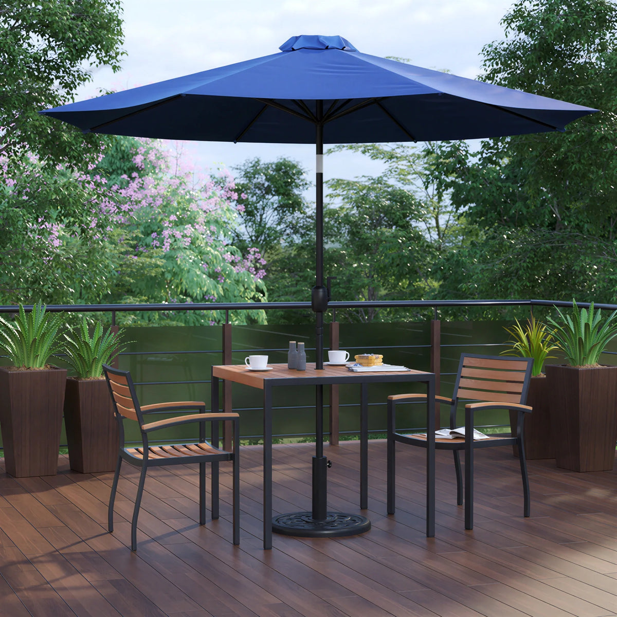 Flash Furniture XU-DG-810060062-UB19BNV-GG 35" Square Patio Dining Table Set with Synthetic Teak Slotted Top, Umbrella, Steel Frame, 2 Chairs