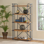 Yorktown Industrial 5 Shelf Bookcase with Metal Pipework and Fir Wood - Natural
