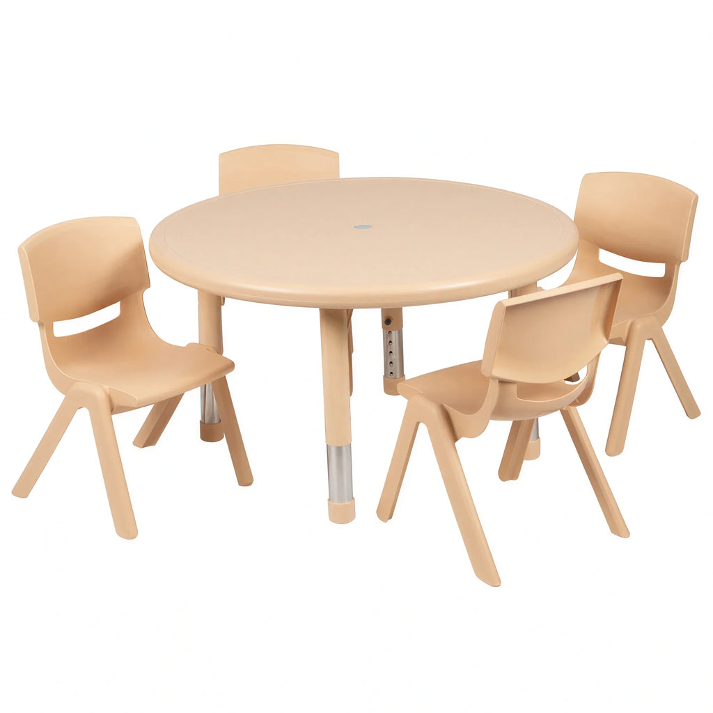 Flash Furniture Emmy YU-YCX-0073-2-ROUND-TBL-NAT-E-GG Preschool Round Adjustable-Height Activity Table Set with 4 Stacking Chairs