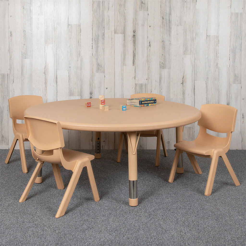 Flash Furniture Emmy YU-YCX-0053-2-ROUND-TBL-NAT-E-GG Preschool Round Activity Table Set, 45" Adjustable Height, with 4 Stacking Chairs