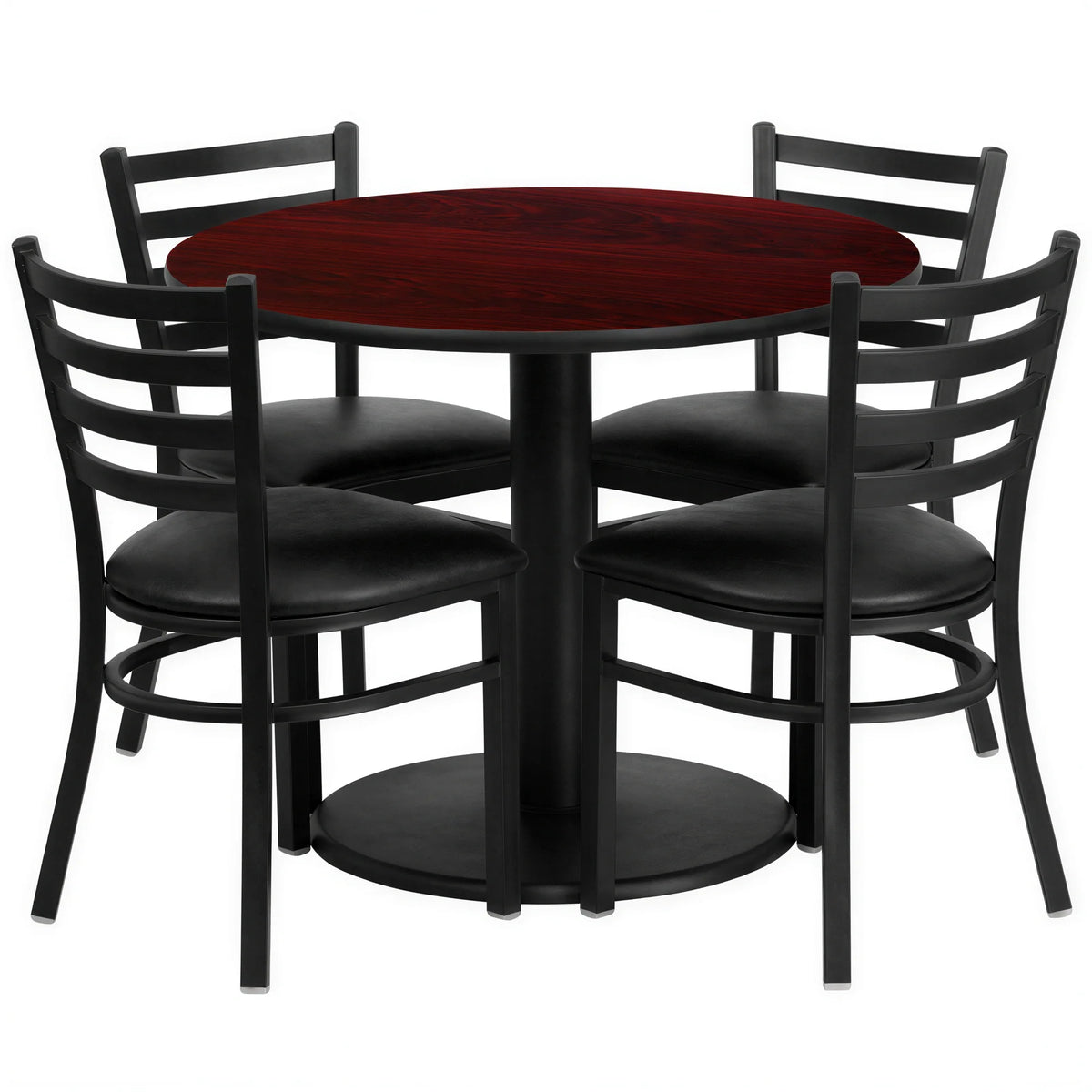 Flash Furniture RSRB1030-GG Round Table and Chair Set, 36-inch Mahogany Laminate Table with Four Black Vinyl Ladder-Back Chairs