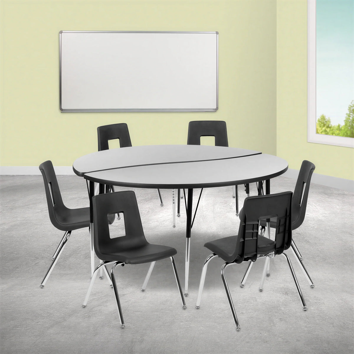 Flash Furniture Emmy XU-GRP-18CH-A60-HCIRC-GY-T-A-GG 60" Round Adjustable-Height Laminate Activity Table with 6 Stack Chairs, Gray/Black