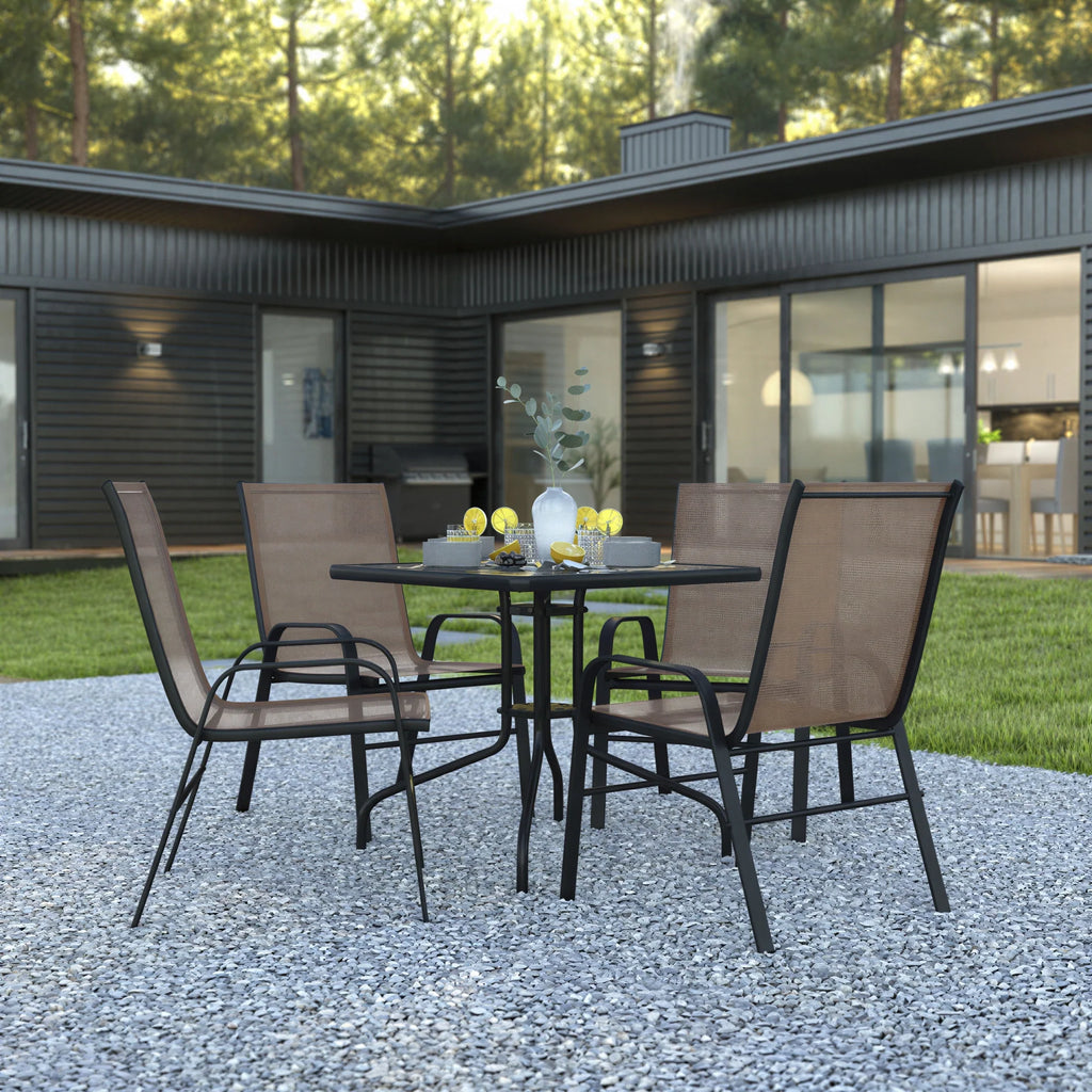 Flash Furniture TLH-073A2303C-BN-GG 5-Piece Outdoor Patio Dining Set with Square Tempered Glass Table and 4 Brown Stack Chairs
