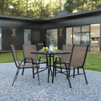 Flash Furniture TLH-073A2303C-BN-GG 5-Piece Outdoor Patio Dining Set with Square Tempered Glass Table and 4 Brown Stack Chairs