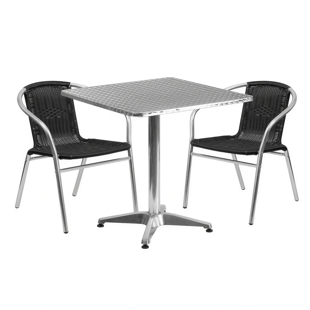 Flash Furniture TLH-ALUM-28SQ-020BKCHR2-GG Square Table and 2-Armchair Set, 27-1/2" Stainless Steel Table, Black Rattan Chairs