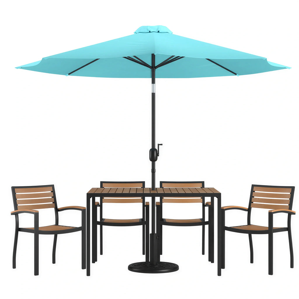 Flash Furniture XU-DG-304860064-UB19BTL-GG Rectangular Patio Dining Table Set with 4 Stacking Chairs, Slotted Synthetic Teak Top, Teal Umbrella