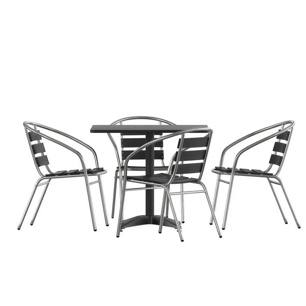 Flash Furniture TLH-ALUM-32SQ-017BK4-GG Square Metal Table with Two Black Aluminum Slat-Back Chairs Set