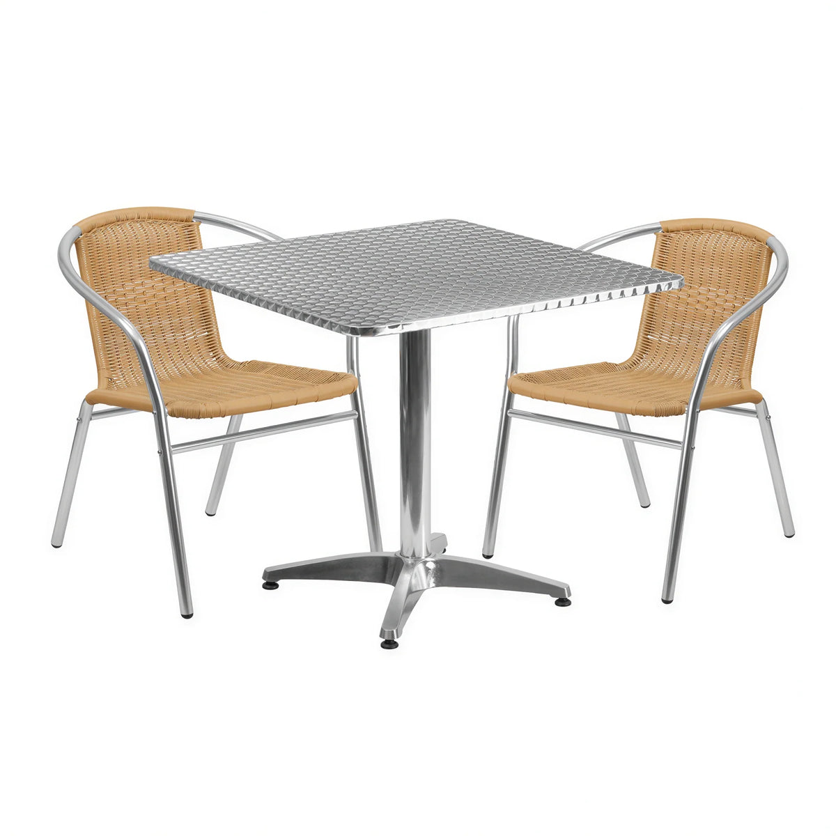 Flash Furniture TLH-ALUM-32SQ-020BGECHR2-GG Square Stainless Steel Table with 2 Beige Rattan Arm Chairs Set