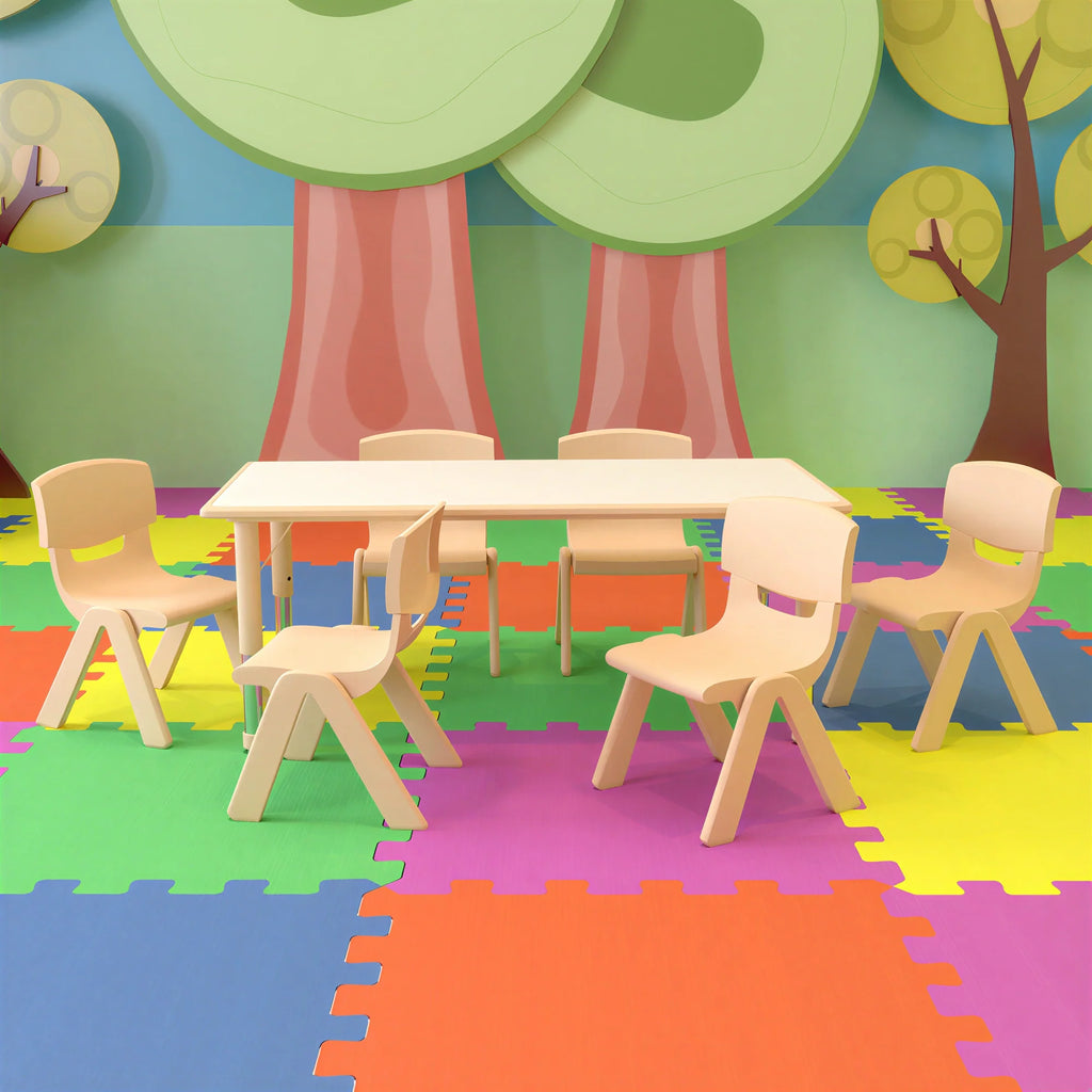 Flash Furniture Emmy YU-YCY-060-0036-RECT-TBL-NAT-GG Preschool Rectangular Activity Table Set, Adjustable Height, with 6 Stacking Chairs