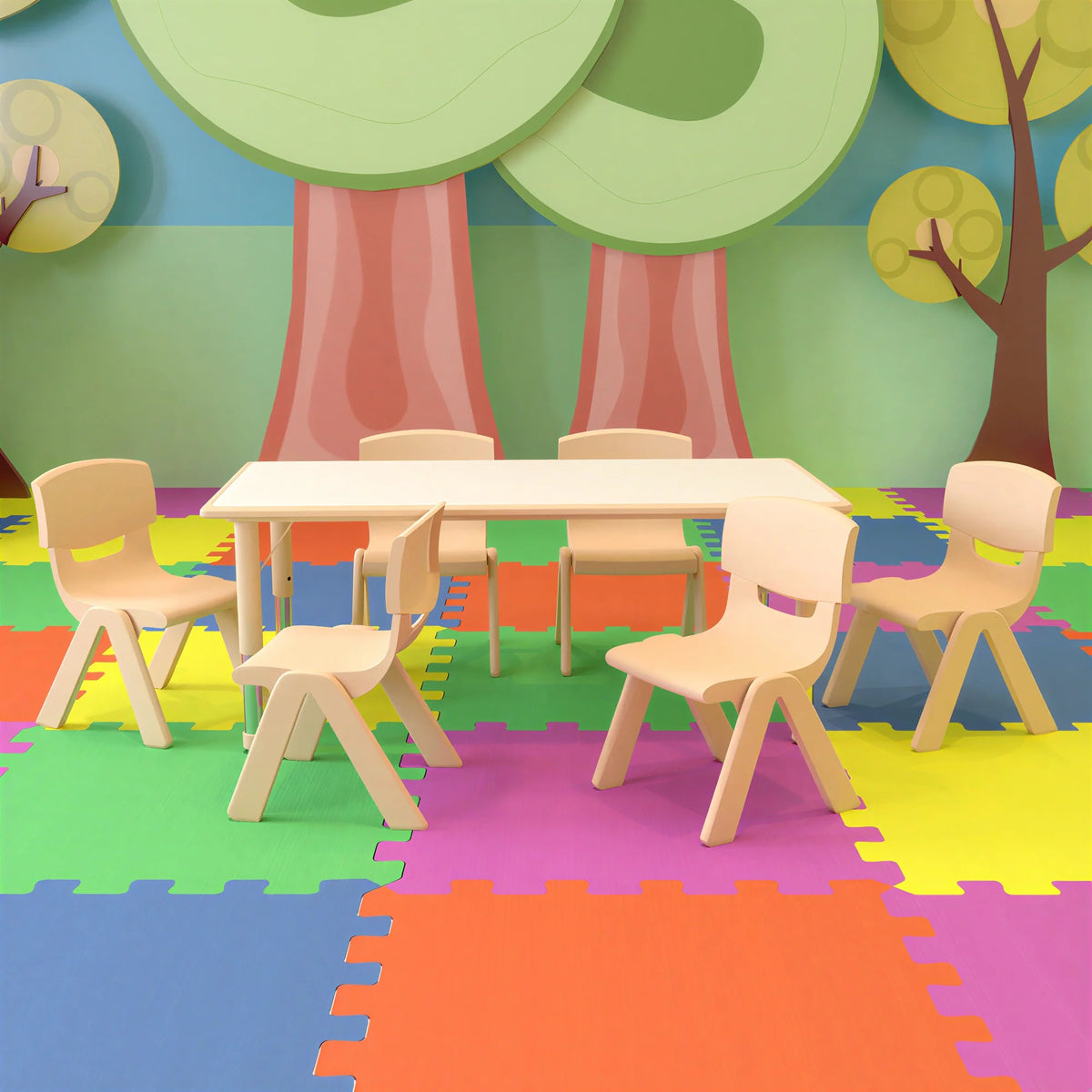Flash Furniture Emmy YU-YCY-060-0036-RECT-TBL-NAT-GG Preschool Rectangular Activity Table Set, Adjustable Height, with 6 Stacking Chairs