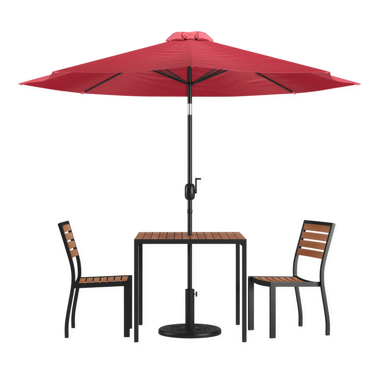 Flash Furniture XU-DG-810060362-UB19BRD-GG 35" Square Patio Dining Table Set with Synthetic Teak Top, Red Umbrella, Base and 2 Chairs