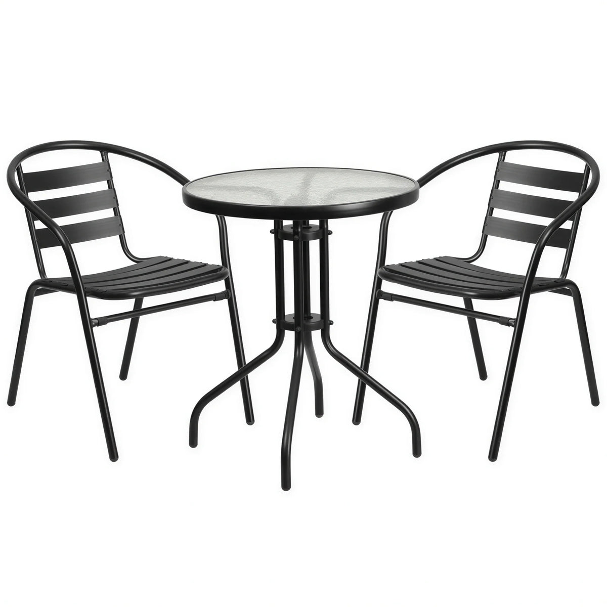Flash Furniture TLH-071RD-017CBK2-GG Round Table & 2 Stacking Cafe Armchairs, 23-3/4" Dia. x 28"H, Glass Top, Black