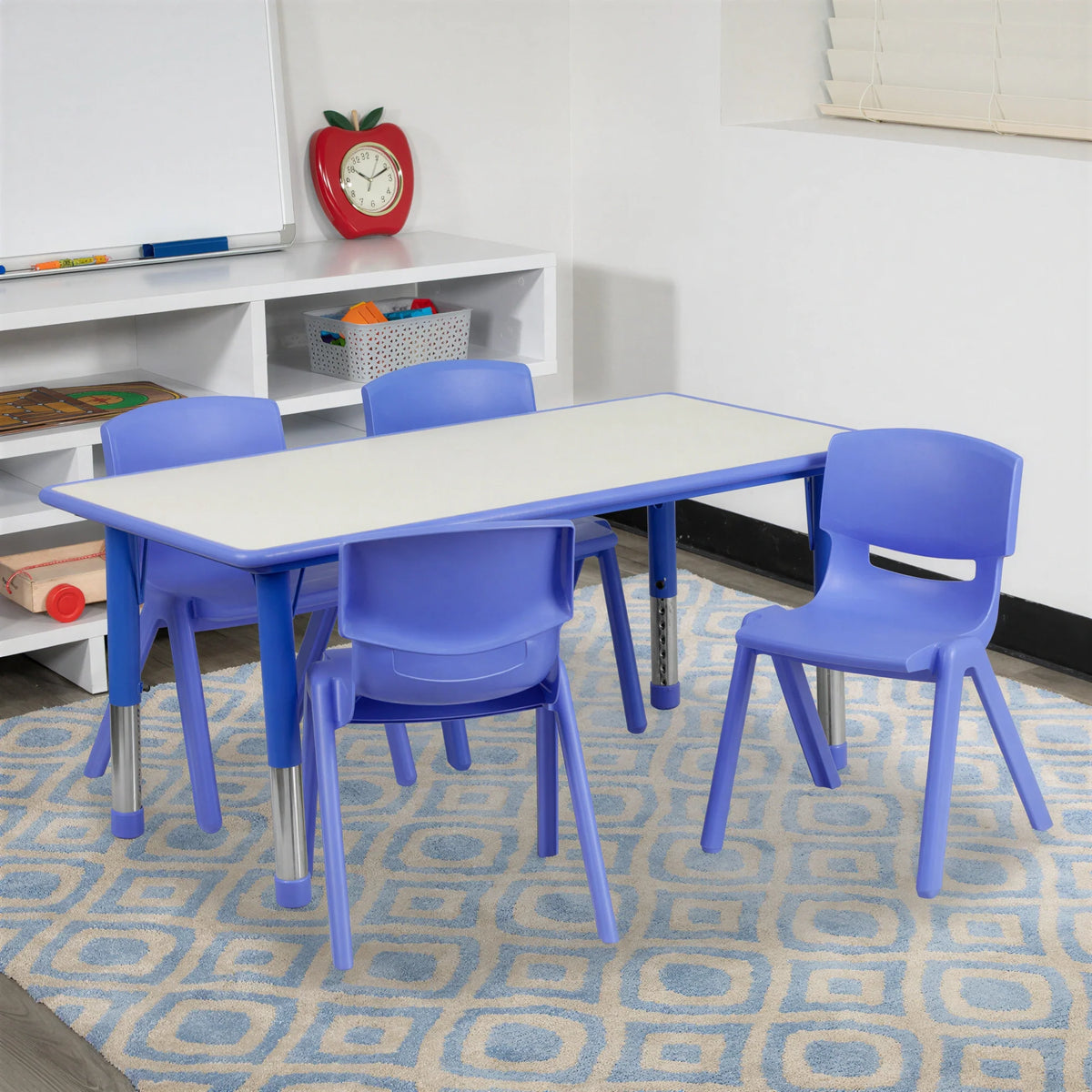 Flash Furniture Emmy YU-YCY-060-0034-RECT-TBL-BLUE-GG Preschool Rectangular Activity Table Set with 4 Stacking Chairs, Adjustable Height, Grey/Blue