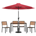 Flash Furniture XU-DG-304860364-UB19BRD-GG Patio Dining Table Set, 48 x 30 in Rectangular Synthetic Teak Table, 4 Stacking Chairs, Red Umbrella