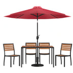 Flash Furniture XU-DG-304860364-UB19BRD-GG Patio Dining Table Set, 48 x 30 in Rectangular Synthetic Teak Table, 4 Stacking Chairs, Red Umbrella