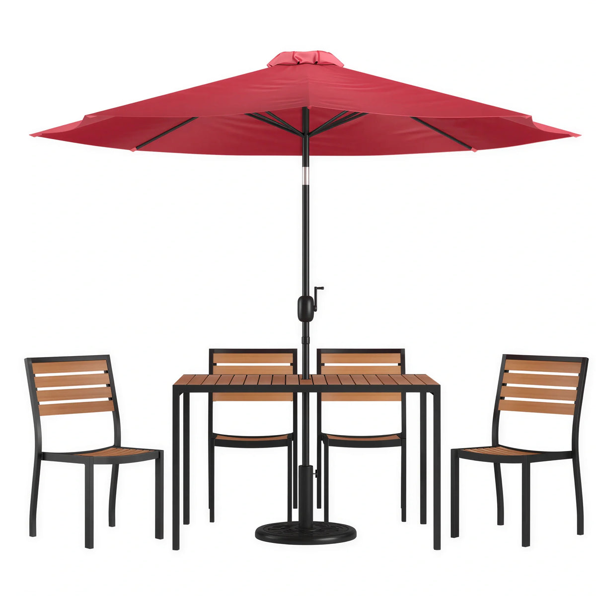 Flash Furniture XU-DG-304860364-UB19BRD-GG Patio Dining Table Set, 48 x 30 in Rectangular Synthetic Teak Table, 4 Stacking Chairs, Red Umbrella