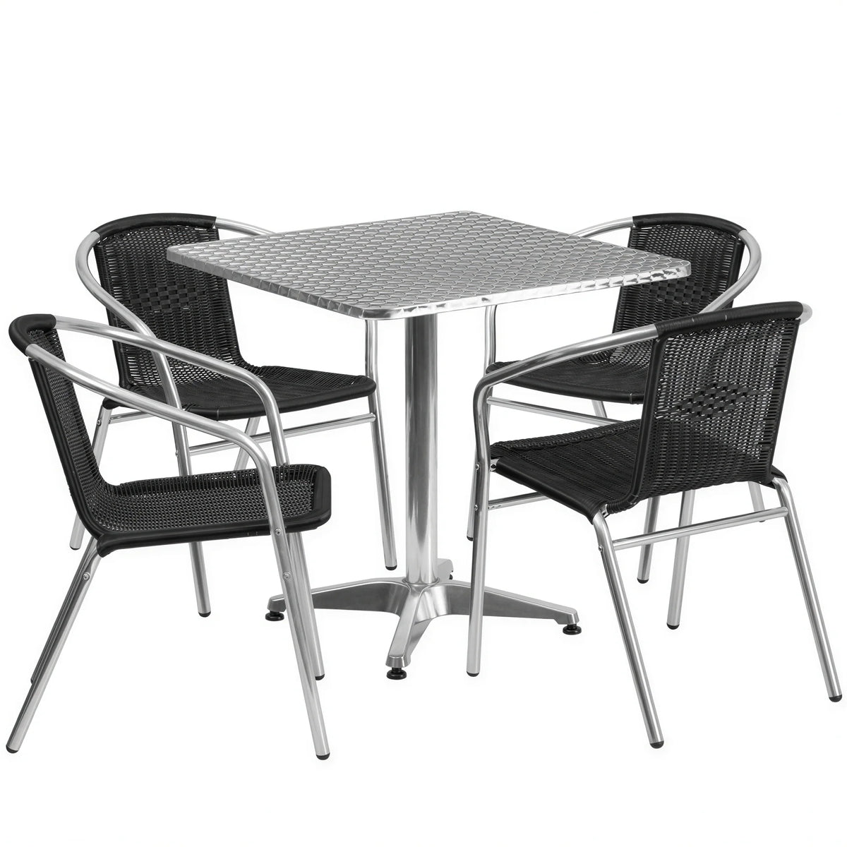 Flash Furniture TLH-ALUM-28SQ-020BKCHR4-GG Square Stainless Steel Table Set with 4 Black Rattan Stacking Chairs, Aluminum Frames